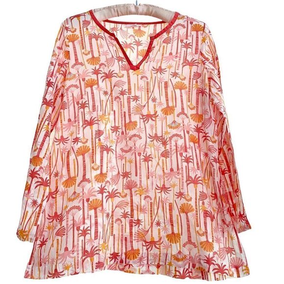 J. Jill Orange Coral and White Lightweight Palm Tree Tropical Coastal Tunic XS - Picture 1 of 8